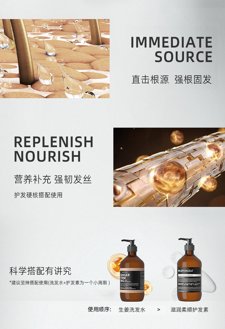 直擊根源強(qiáng)根固發(fā)   REPLENISH NOURISH   營(yíng)養(yǎng)補(bǔ)充 強(qiáng)韌發(fā)絲   護(hù)發(fā)硬核搭配使用   科學(xué)搭配有講究   *建議堅(jiān)持搭配使用（洗發(fā)水+護(hù)發(fā)素為一個(gè)小周期）