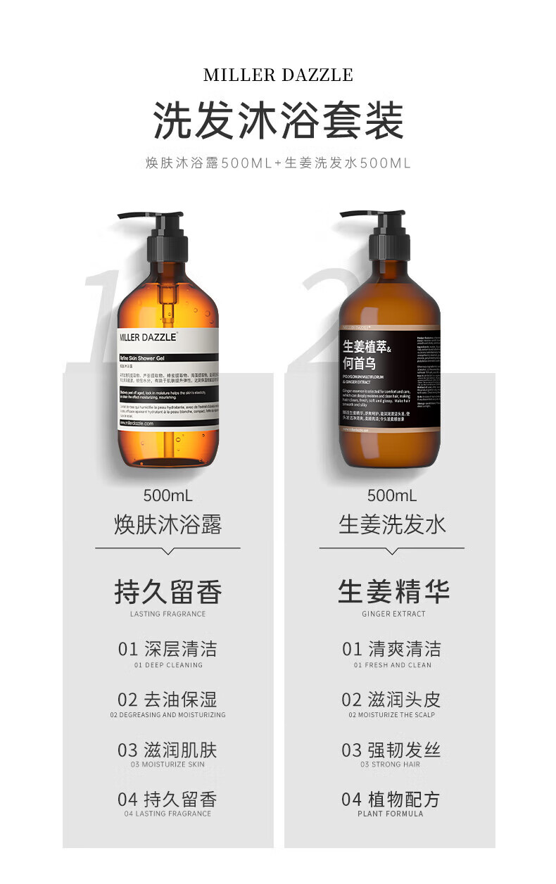 MILLERDAZZLE洗發(fā)沐浴套裝包括煥膚沐浴露500ML和生姜洗發(fā)水500ML，采用生姜植萃和何首烏成分。產(chǎn)品具有持久留香的生姜精華，深層清潔和去油保濕功效，讓肌膚保持滋潤，同時(shí)清爽清潔頭皮，滋潤頭皮，強(qiáng)韌發(fā)絲。整個(gè)套裝體現(xiàn)了MLLERDAZZLE品牌對健康和自然美的追求。